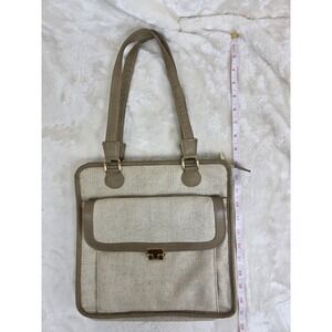 Beige Canvas & Faux Leather Tote Bag with Gold Tone Clasp‎